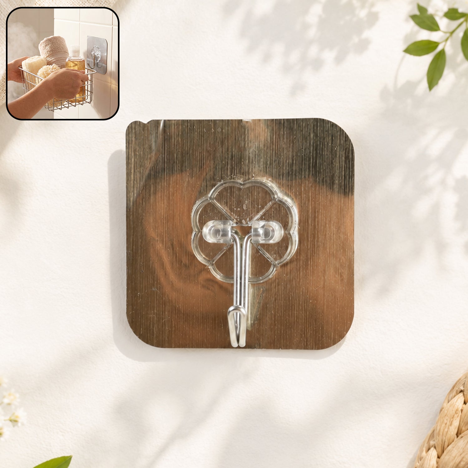 Self-adhesive plastic wall hook for bathroom by Wukusy, shown attached to a tiled wall, ideal for hanging towels and accessories.
