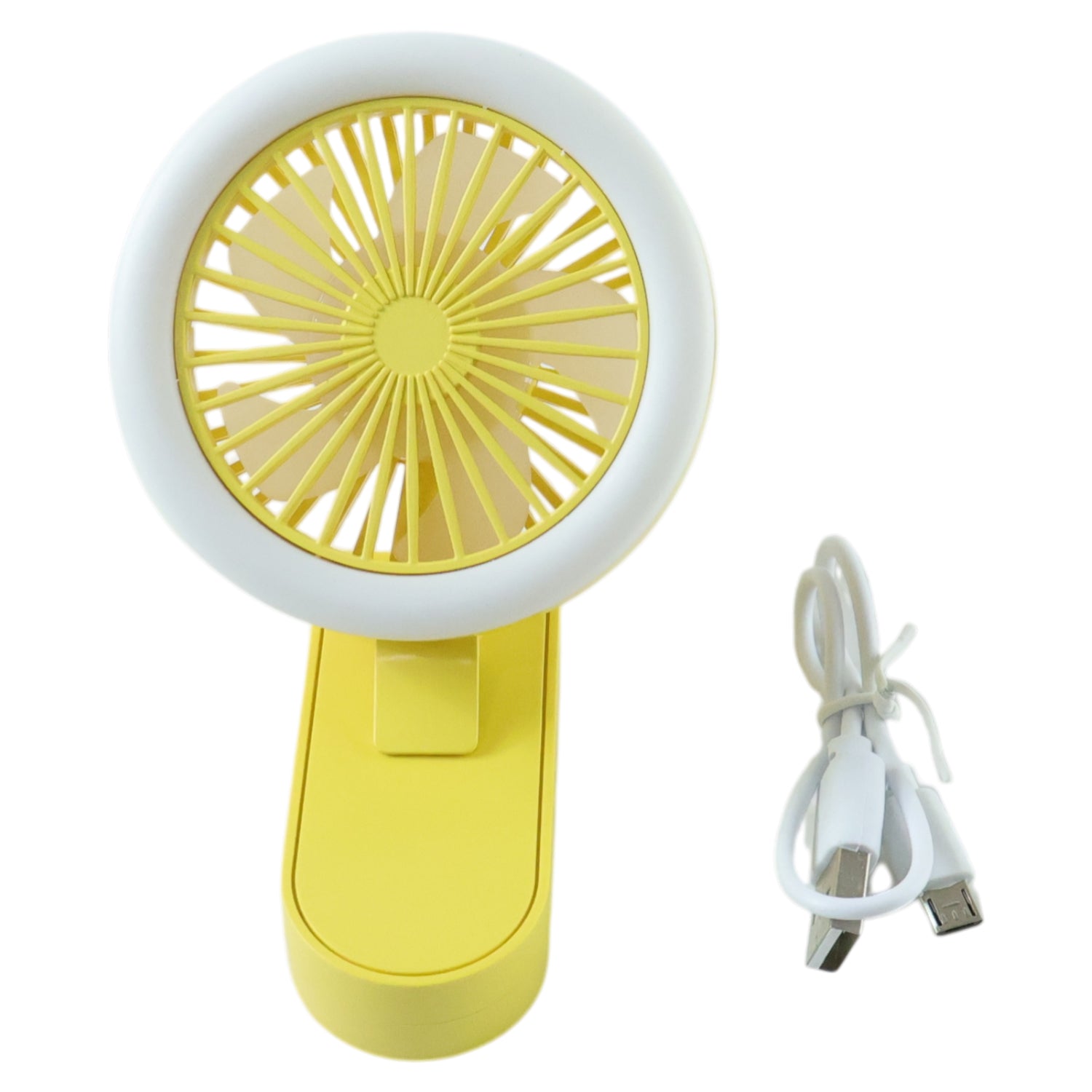 Wukusy portable rechargeable mini table fan with LED light, compact design, showing the fan's blades and LED illumination.