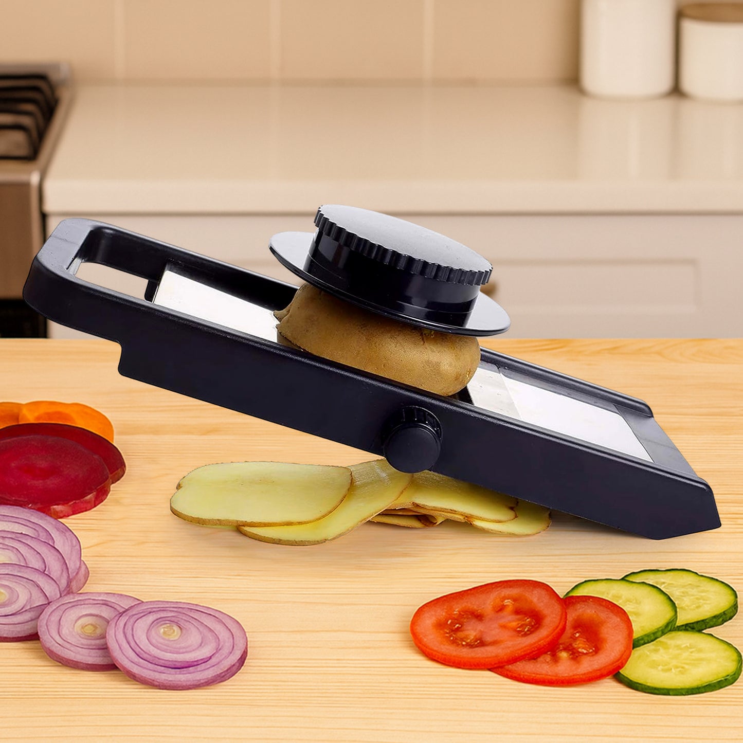 Wukusy premium adjustable vegetable and fruit slicer with sharp stainless steel blades, suitable for home kitchen use