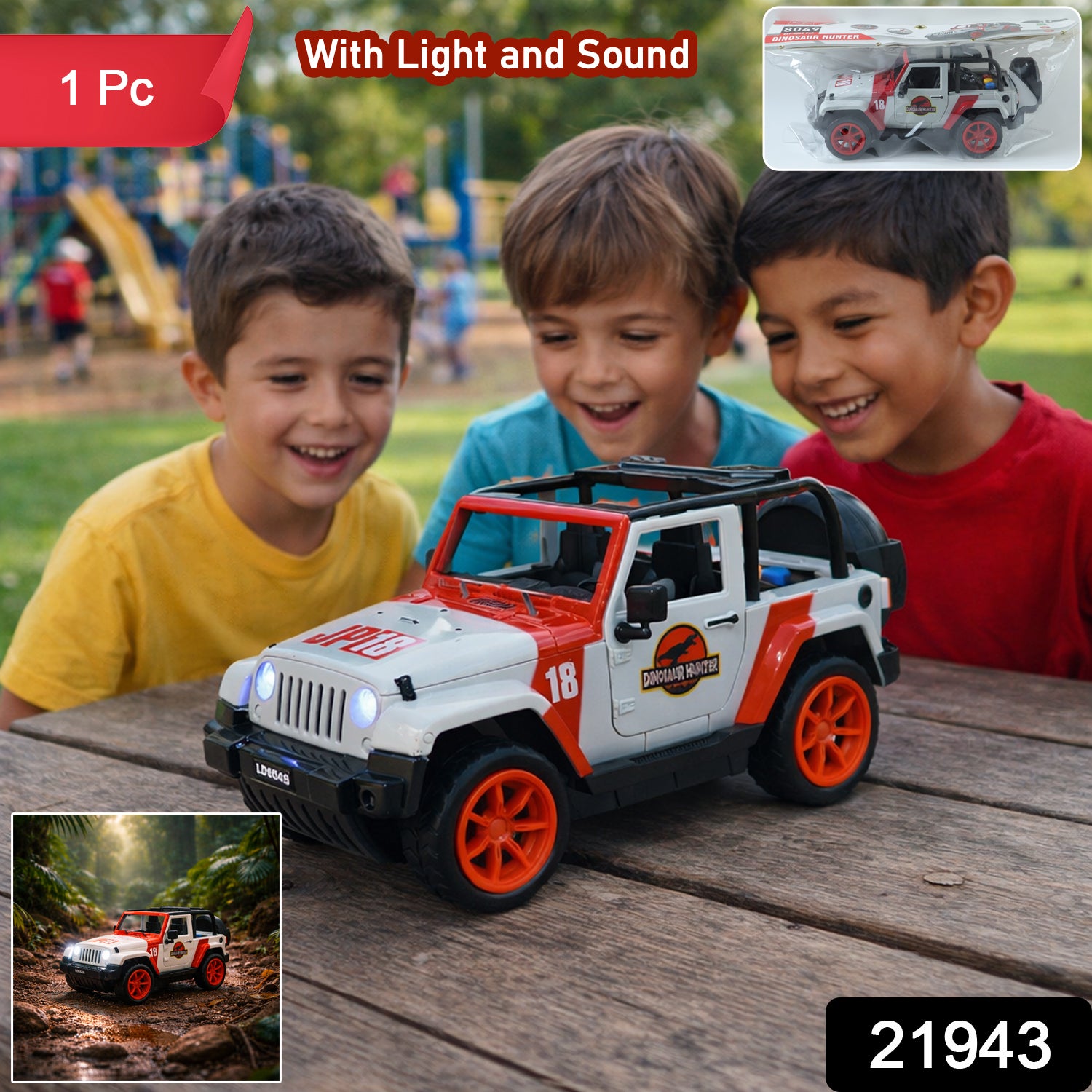 Wukusy Kids Dinosaur Hunter off-road friction-powered toy Jeep car with rugged design and colorful dinosaur graphics.