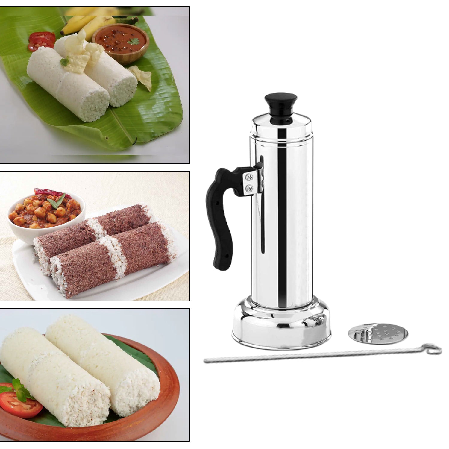 Wukusy 5311 Puttu Maker with steamer plate, stainless steel construction, black plastic handle, silver lid, for pressure cooker use