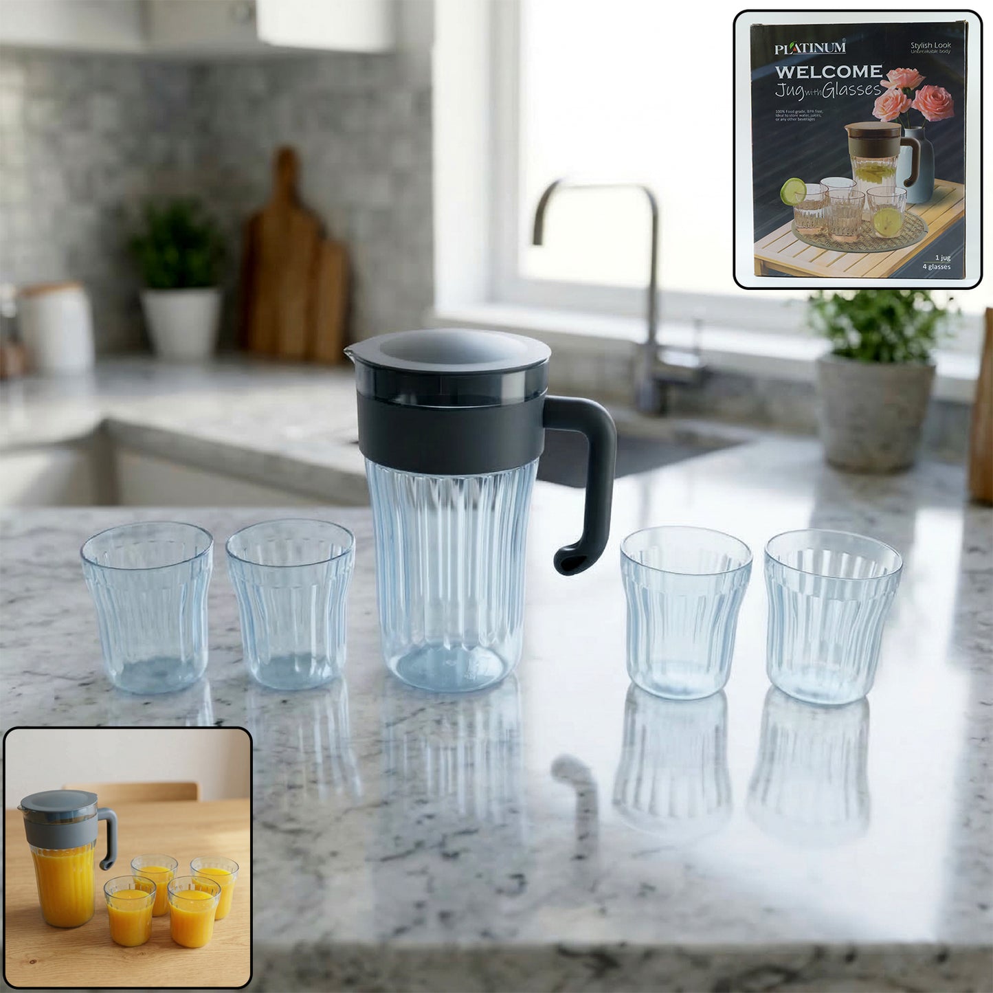 Wukusy multipurpose plastic water and juice serving jug with four matching glasses set, clear and lightweight for everyday use.