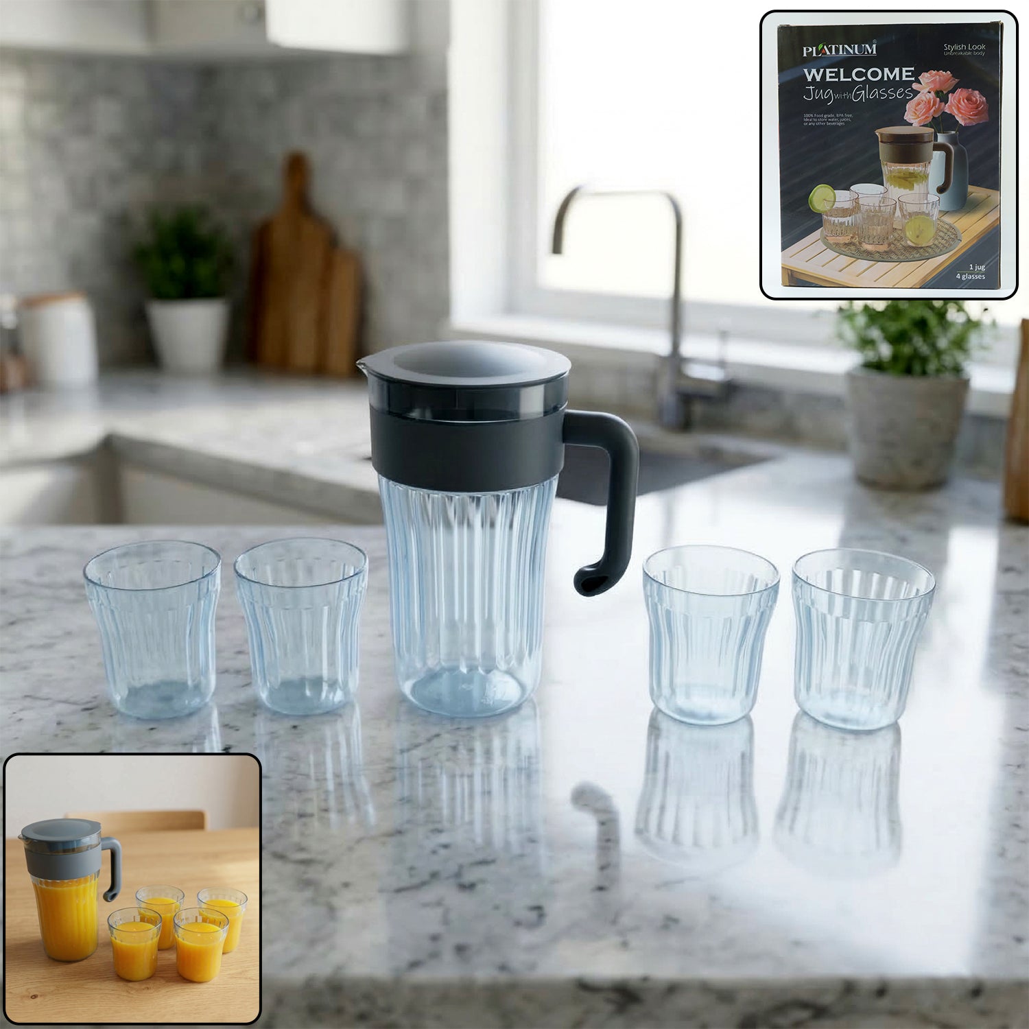 Wukusy multipurpose plastic water and juice serving jug with four matching glasses set, clear and lightweight for everyday use.