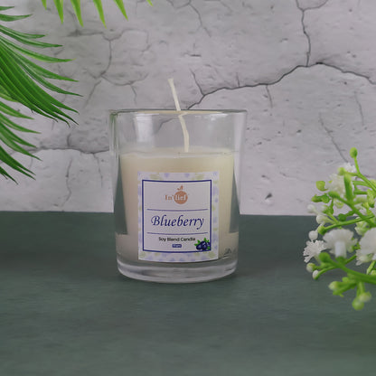 Blueberry soy-blend votive candle in glass holder by Wukusy, 50g, ideal for home decor and cozy ambiance.