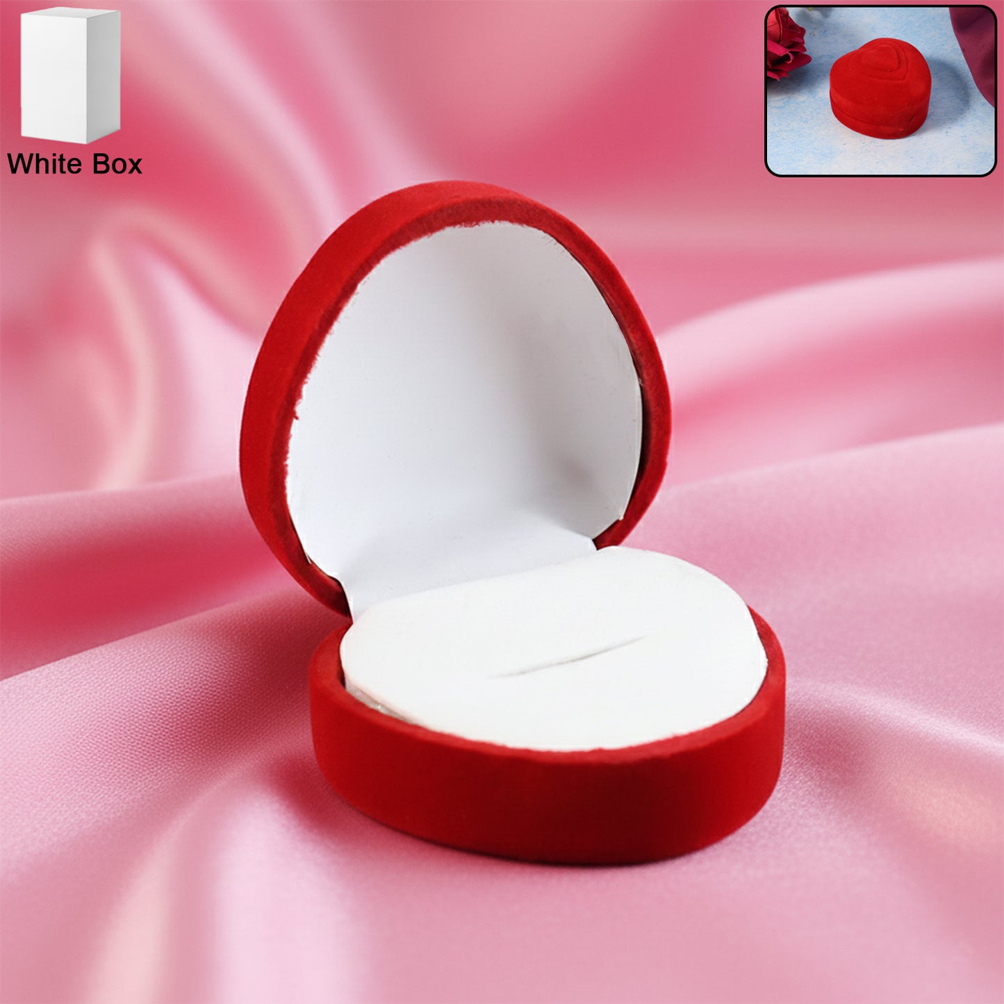 Heart-shaped velvet jewelry ring box by Wukusy, pink plush interior with a ring holder, ideal for jewelry storage or gifting.