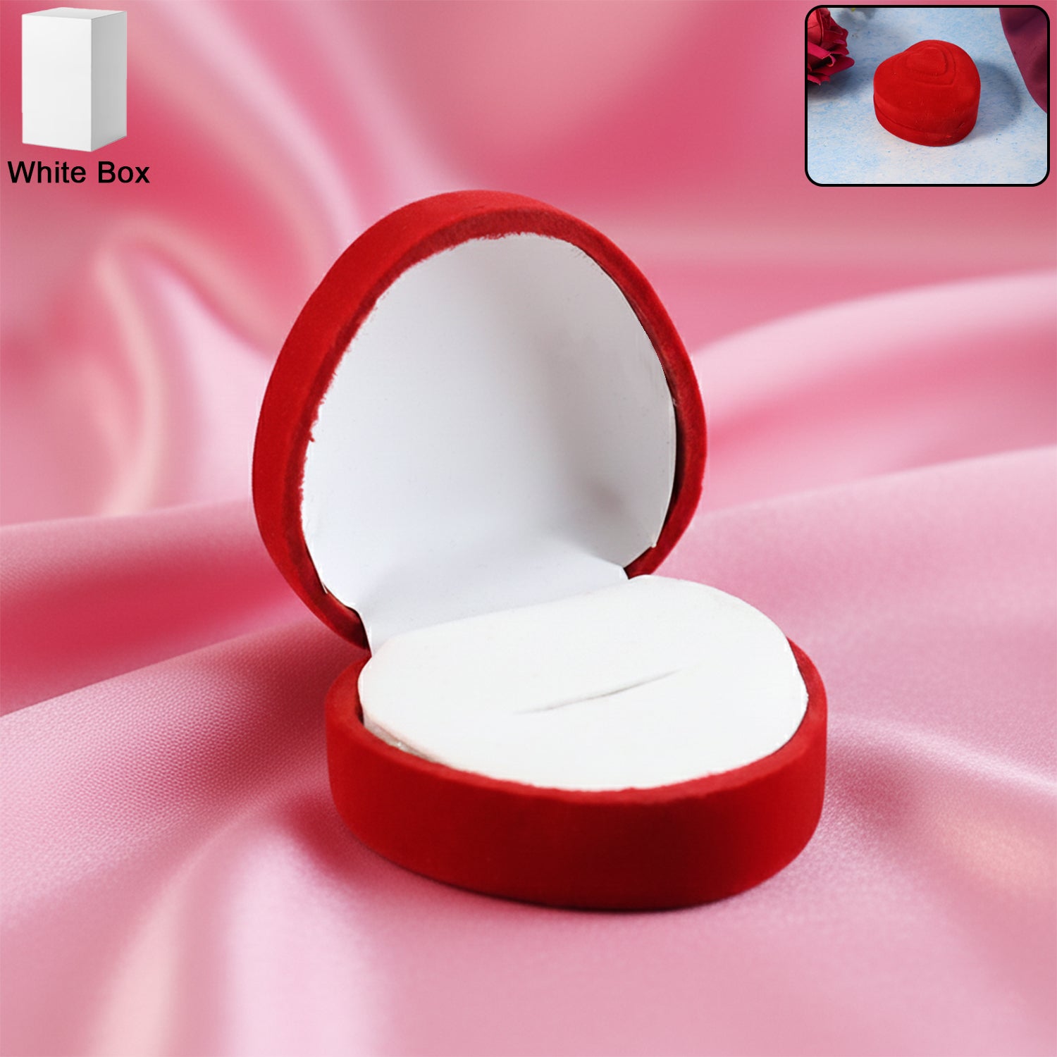 Heart-shaped velvet jewelry ring box by Wukusy, pink plush interior with a ring holder, ideal for jewelry storage or gifting.