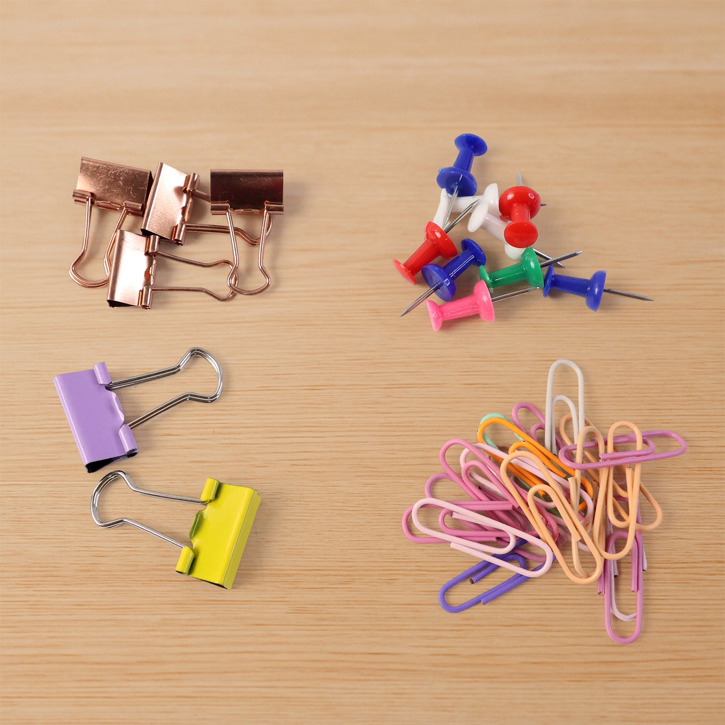 Wukusy office stationery clips and pins combo set, includes assorted paper clips and push pins on a white background.