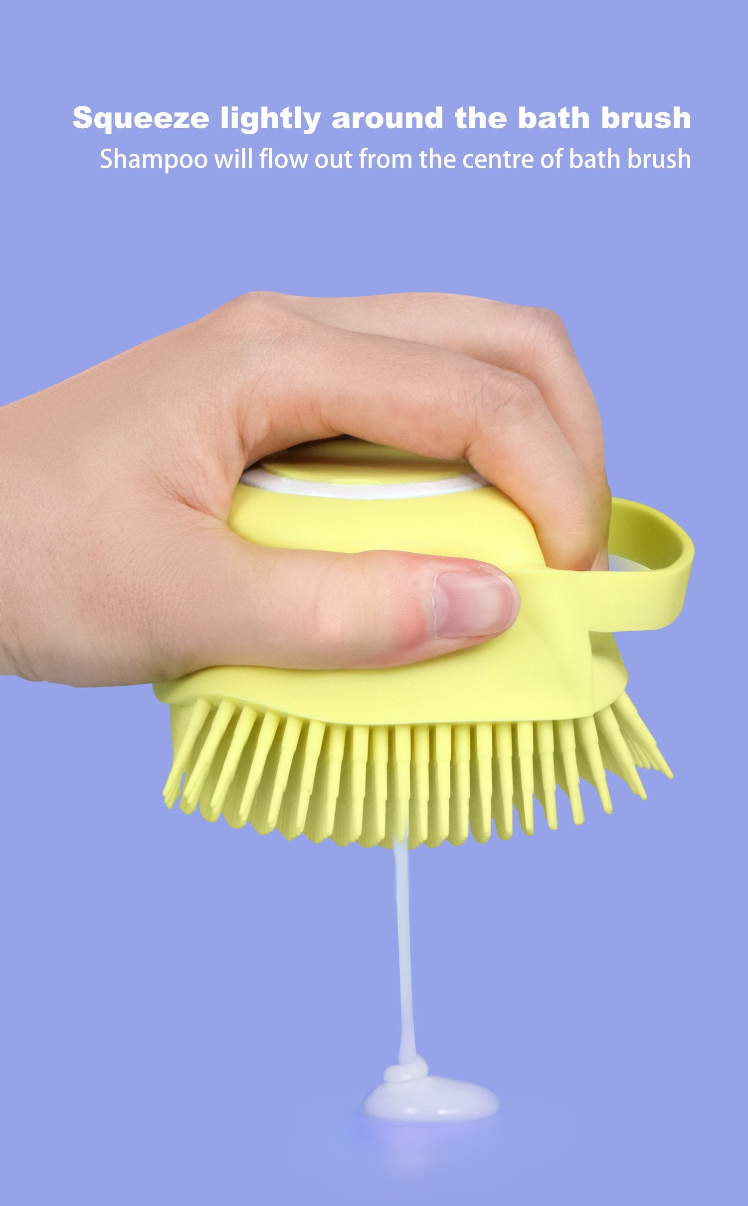 Wukusy silicone massage bath body brush with soft bristles and built-in shampoo dispenser for gentle cleansing and skin massage.