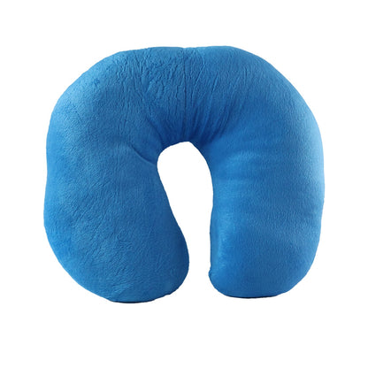 Blue U-shaped Wukusy travel neck pillow with soft support for head and neck comfort during travel journeys.