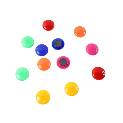 Colorful round refrigerator magnets set with 12 bright magnetic discs, ideal for decorating and organizing on metal surfaces.
