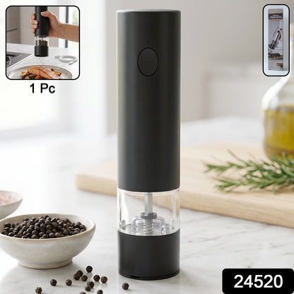 Wukusy electric pepper grinder with USB rechargeable design and one-touch operation, shown with black body and stainless steel grinding mechanism.