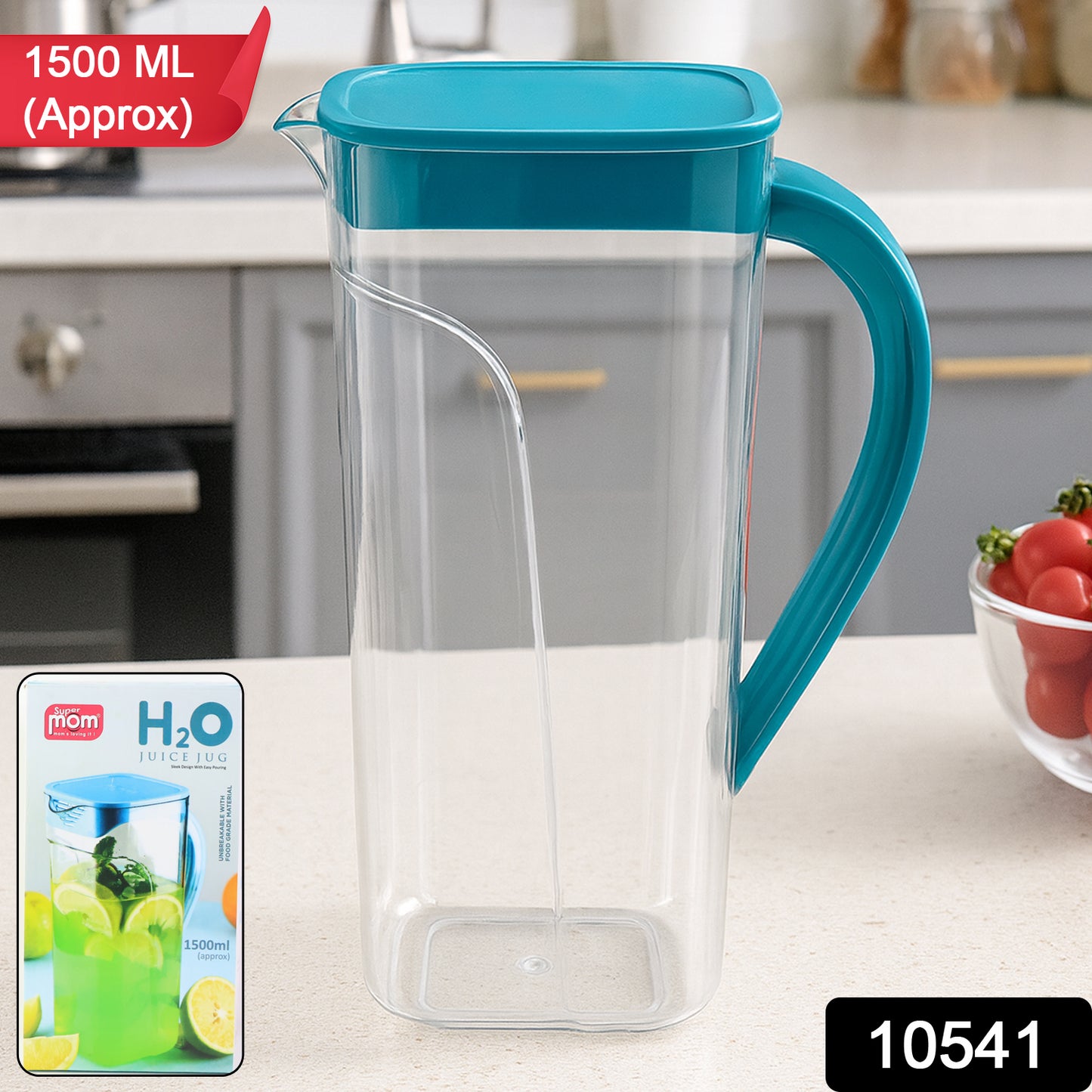 Wukusy Supermom plastic H2O juice jug, 1500ml capacity, clear container with handle for water or juice in a home kitchen setting