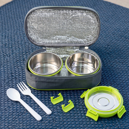 Wukusy Ganesh Sigma Twin 300 stainless steel lunch box set with two compartments and secure lids, ideal for meal storage.