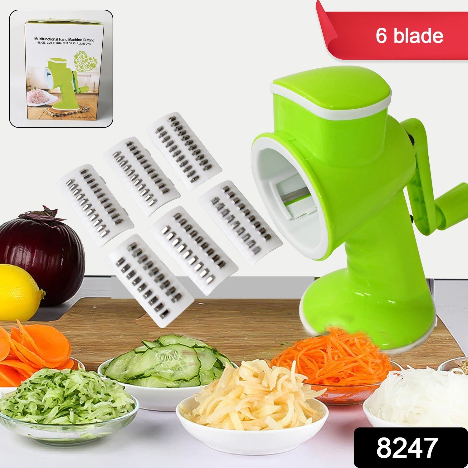 Wukusy 6-in-1 vegetable chopper and slicer with removable blades, hand-held multi-functional kitchen vegetable cutter and grater.