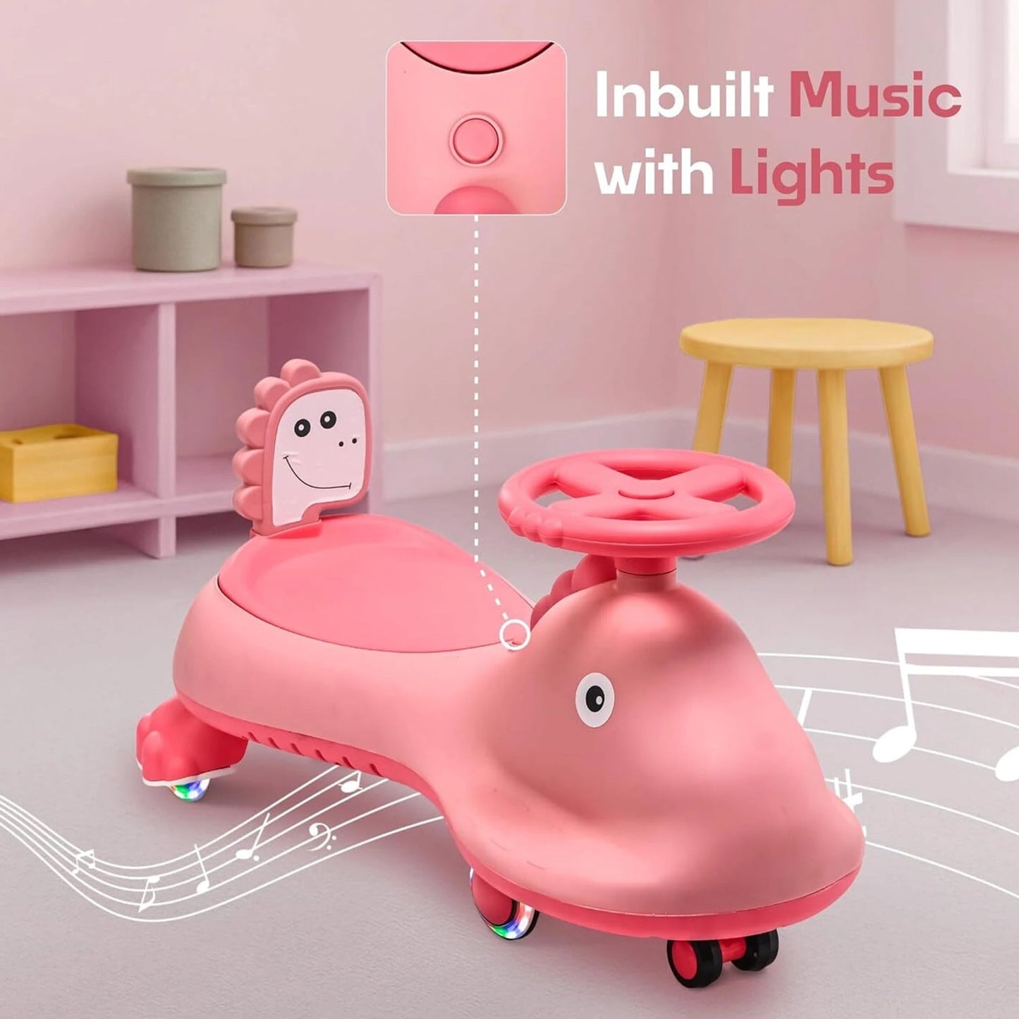 Pink Shark Kids Swing Car Ride-On Toy by Wukusy with music, featuring a magic twist design for children to ride and play.