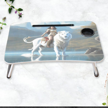 Wukusy multi-purpose office laptop desk with foldable cupholder and drawer, featuring colorful cartoon design for study and reading.