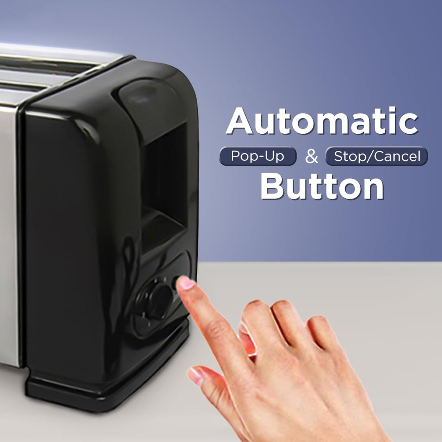 Wukusy Orbit adjustable pop-up toaster with 1200W power, featuring stainless steel finish and control buttons for easy toasting.