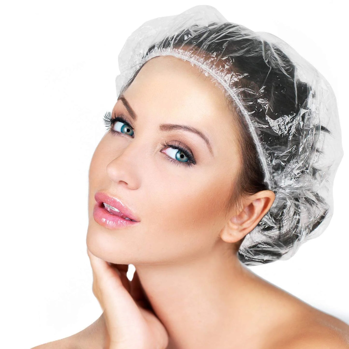 Wukusy disposable shower cap, single clear plastic cover with elastic edge, ideal for hair protection during showers or spa use