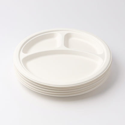 Wukusy Freshee 10-inch round compostable bagasse plate with three compartments, set of 10, ideal for eco-friendly home and kitchen use.