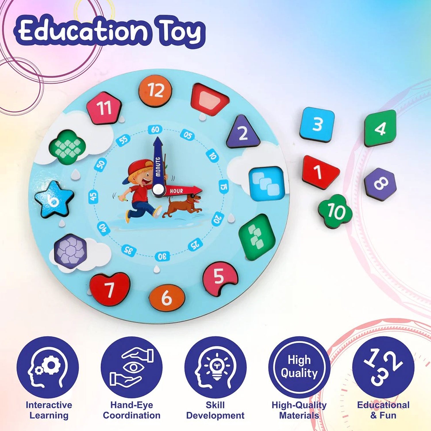 Wukusy Aditi Wooden Educational Learning Clock toy with movable hands, designed for teaching kids to tell time.