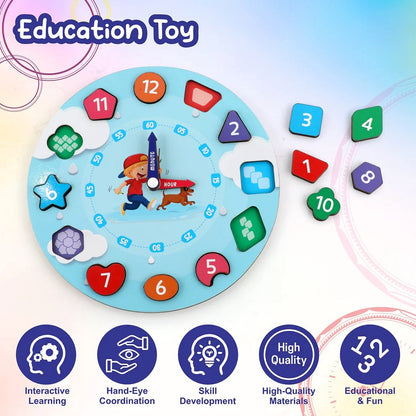 Wukusy Aditi Wooden Educational Learning Clock toy with movable hands, designed for teaching kids to tell time.
