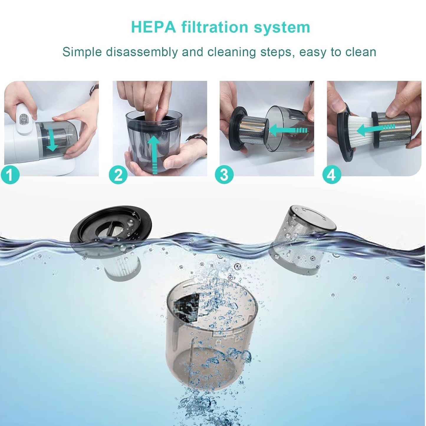 Wukusy portable handheld vacuum cleaner with powerful suction, cordless design, shown cleaning sofa crevice and mattress dust.
