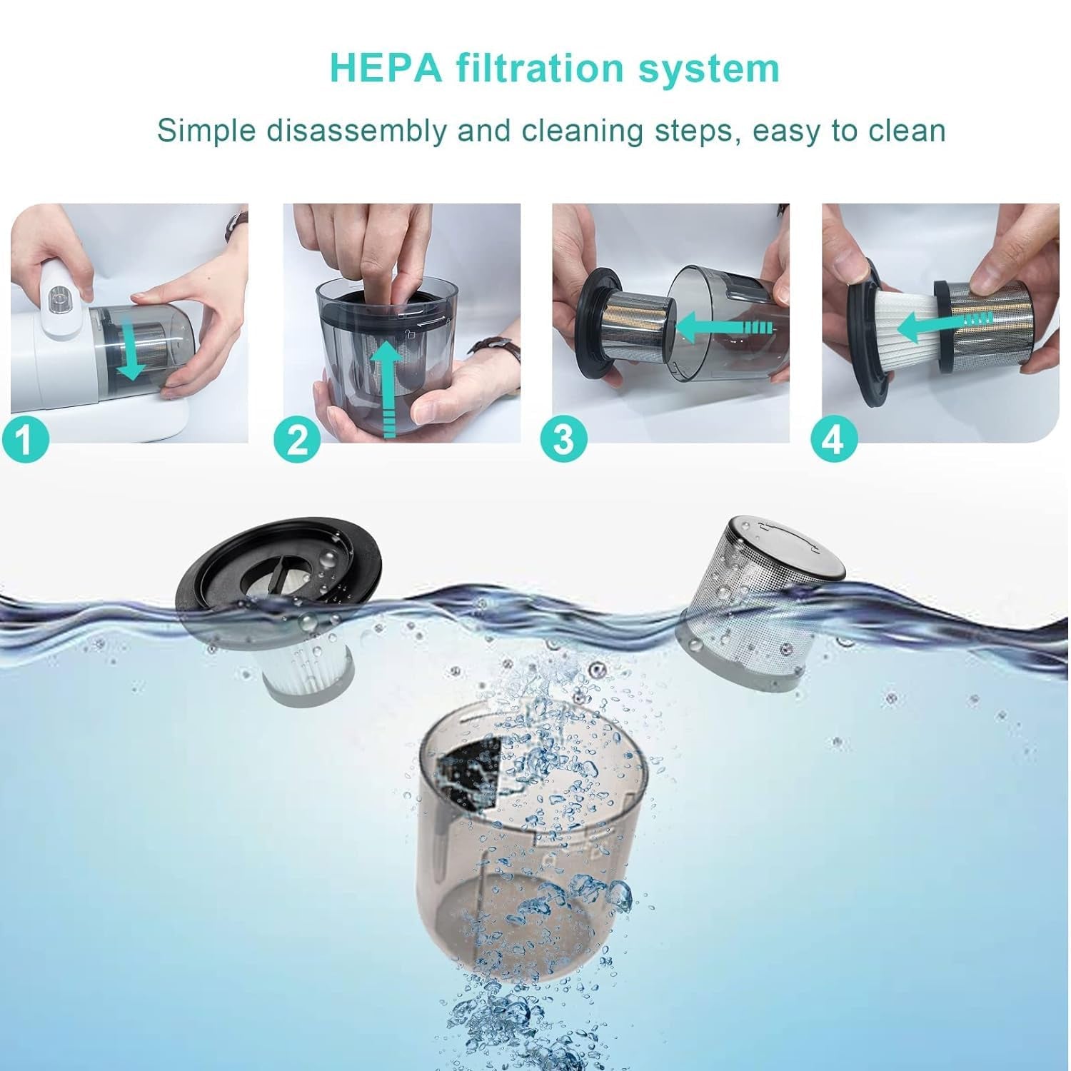 Wukusy portable handheld vacuum cleaner with powerful suction, cordless design, shown cleaning sofa crevice and mattress dust.