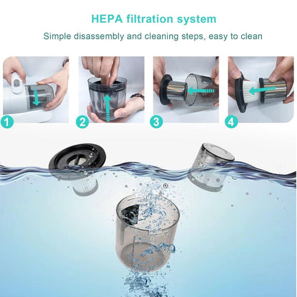 Wukusy portable handheld vacuum cleaner with powerful suction, cordless design, shown cleaning sofa crevice and mattress dust.