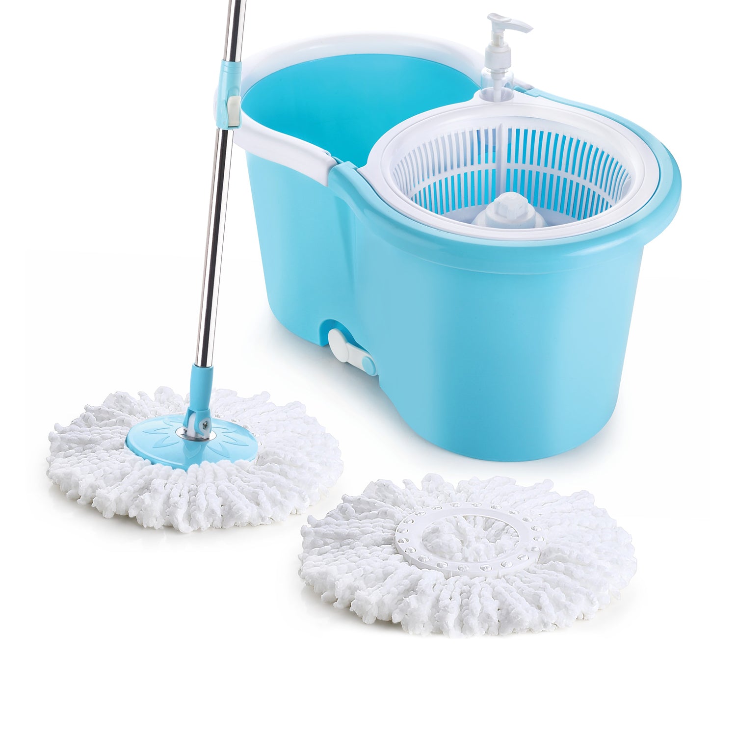 Wukusy 8702 plastic spinner bucket mop with 360-degree spin wringing, includes two absorbent mop heads for home and office cleaning