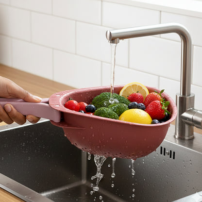 Wukusy Supermom kitchen colander with foldable handle and drain base for easy rinsing and storage.