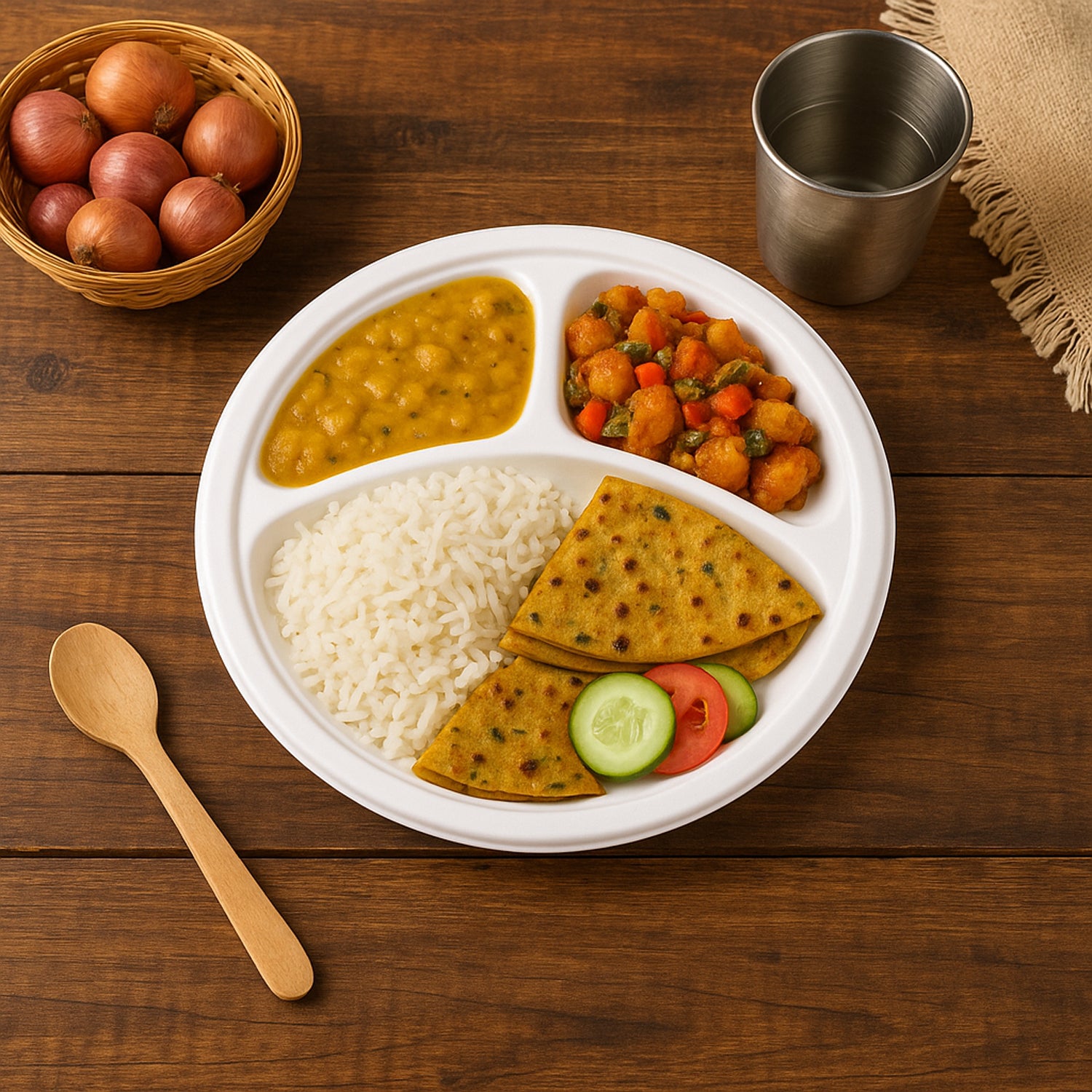 Wukusy Freshee 10-inch compostable bagasse plate with three compartments, ideal for home and kitchen use, set of 10.