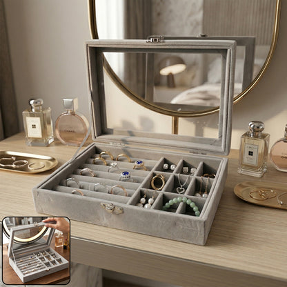 Wukusy premium velvet jewelry organizer box with transparent lid for storing necklaces, rings, and earrings neatly.