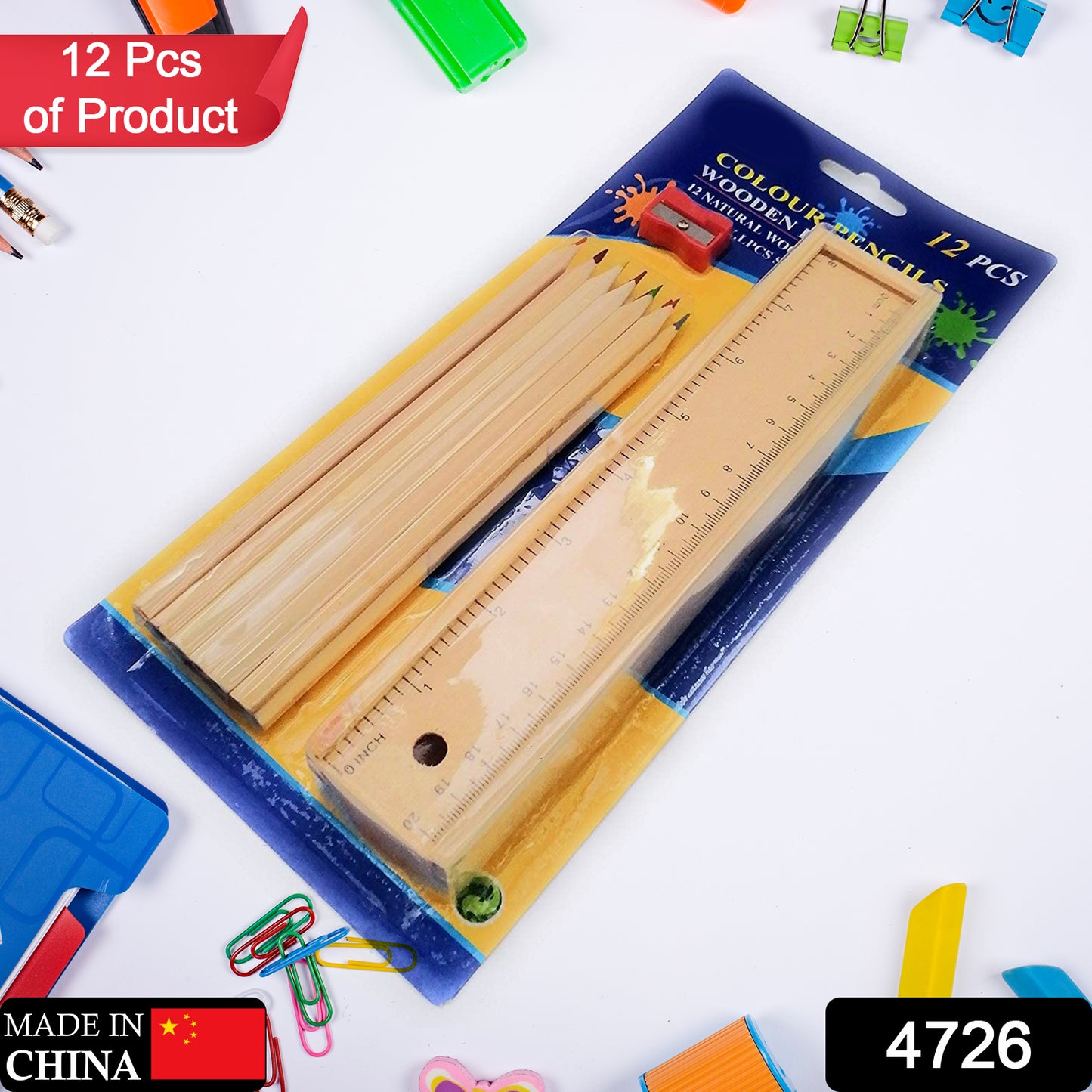 Colorful wooden pencil set with box, ruler, and sharpener by Wukusy, ideal for kids, artists, and architects.