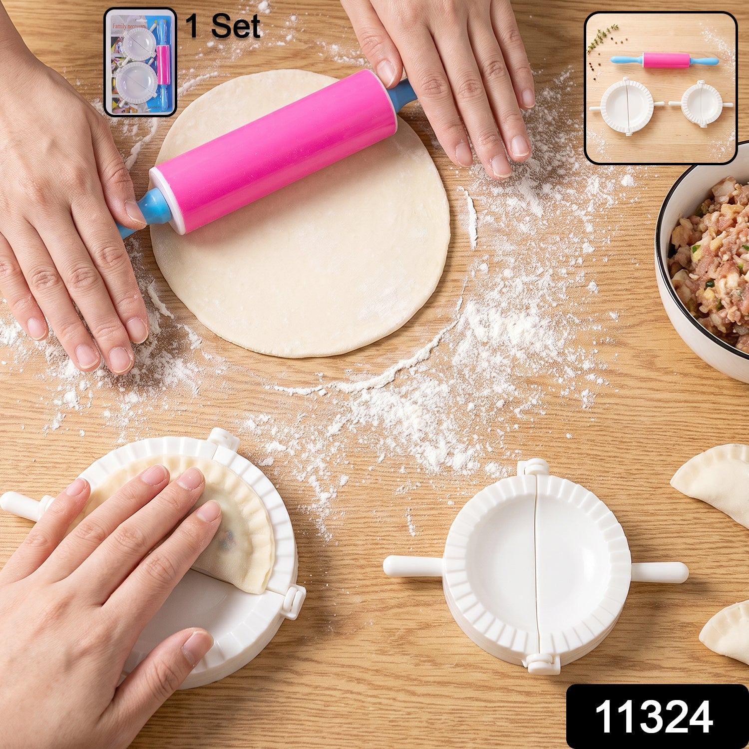 Wukusy dumpling maker mould set with mini rolling pin for making momo and gujiya, featuring plastic tools for easy dumpling shaping.