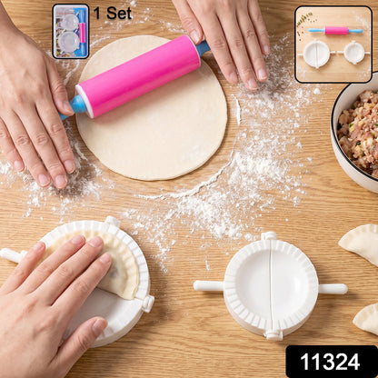 Wukusy dumpling maker mould set with mini rolling pin for making momo and gujiya, featuring plastic tools for easy dumpling shaping.