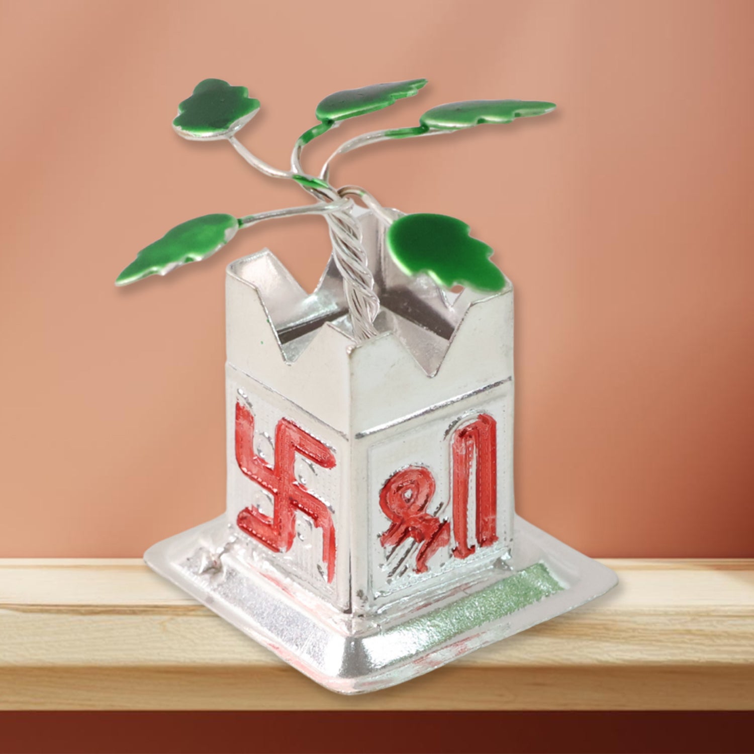 Miniature Tulsi plant idol with mandir and kalash base, perfect for home decor and spiritual enhancement by Wukusy.