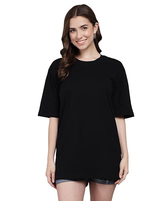 Black women's oversized round neck T-shirt from FIZZI SHOP, featuring a casual fit and soft fabric.