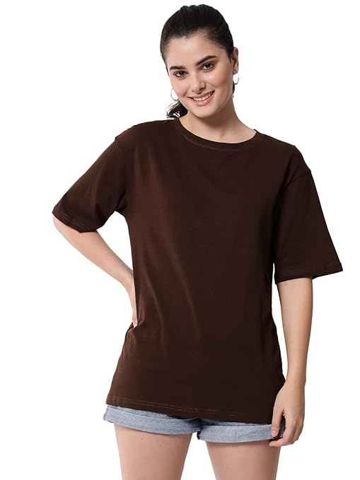 Brown women's oversized round neck T-shirt by FIZZI SHOP, casual fit, soft fabric, displayed on a plain background.