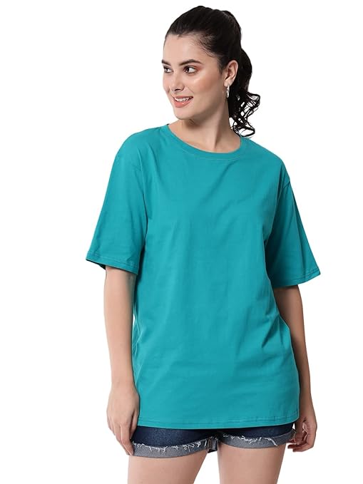 Blue women's casual oversized round neck T-shirt by FIZZI SHOP, shown laid flat with soft fabric and relaxed fit.