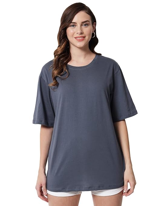 Grey women's casual oversized round neck T-shirt from FIZZI SHOP, shown flat with short sleeves and relaxed fit.