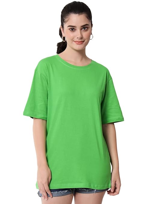 Green women's casual oversized round neck T-shirt by FIZZI SHOP displayed on a hanger.