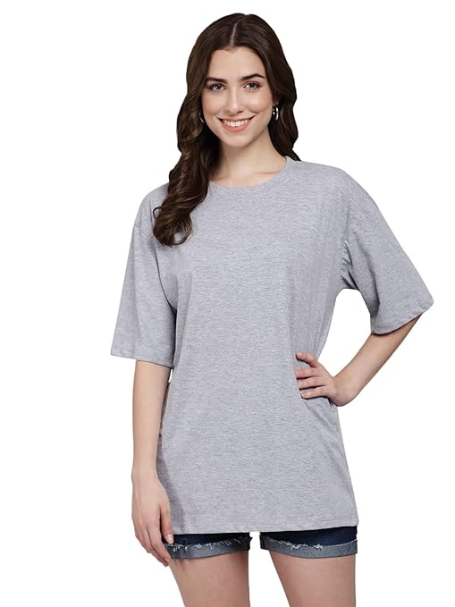 Grey oversized round neck T-shirt by FIZZI SHOP, casual and stylish, shown laid flat with soft fabric texture.