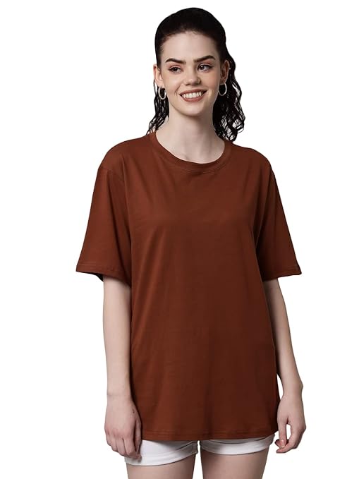 Brown oversized round neck t-shirt by FIZZI SHOP, casual fit, soft fabric, laid flat showing front view.