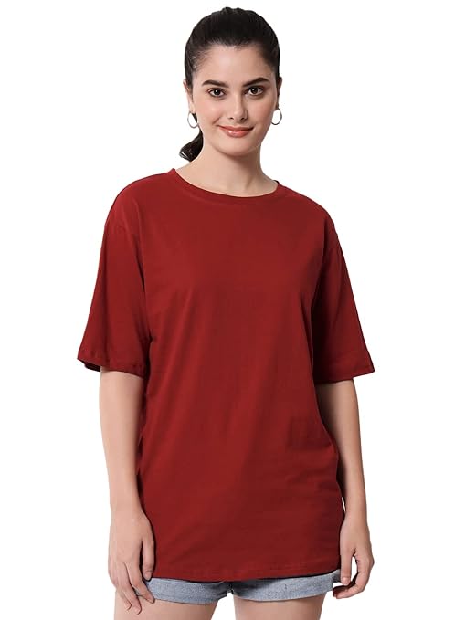 Maroon casual oversized round neck T-shirt by FIZZI SHOP, relaxed fit, soft fabric, and stylish design.