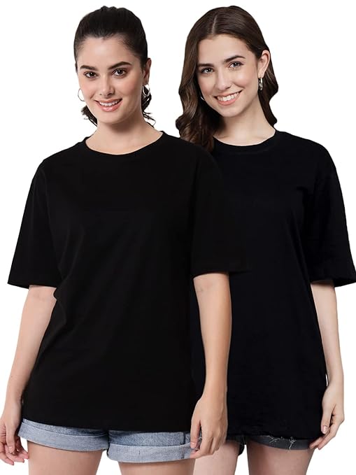 Black women's cotton oversized half-sleeve T-shirt from FIZZI SHOP, casual fit, soft fabric, and relaxed style.