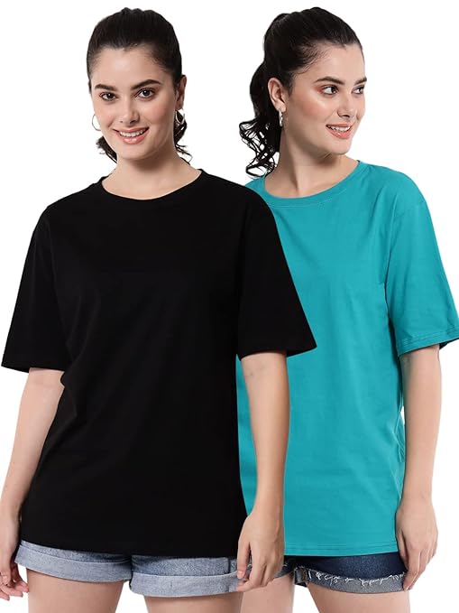 Pair of women's cotton half-sleeve oversized T-shirts by FIZZI SHOP, in neutral colors, displayed on a flat lay.