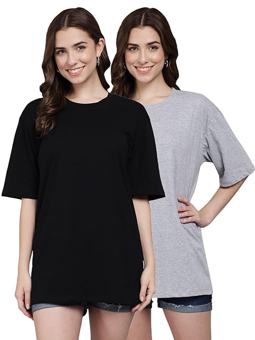 Set of 2 oversized women's cotton half-sleeve T-shirts in various colors from FIZZI SHOP, casual and comfortable fit.