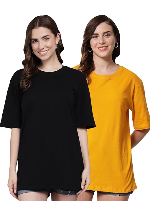 Two women wearing oversized cotton half-sleeve T-shirts from FIZZI SHOP, casual style, relaxed fit, in a multi-set arrangement.