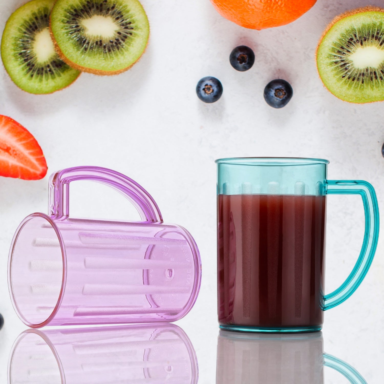 Two clear Wukusy juice glasses with handles, unbreakable plastic design, suitable for water, beer, milkshakes, and kids.