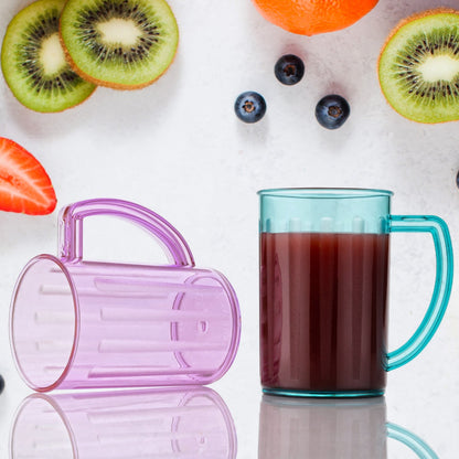 Two clear Wukusy juice glasses with handles, unbreakable plastic design, suitable for water, beer, milkshakes, and kids.